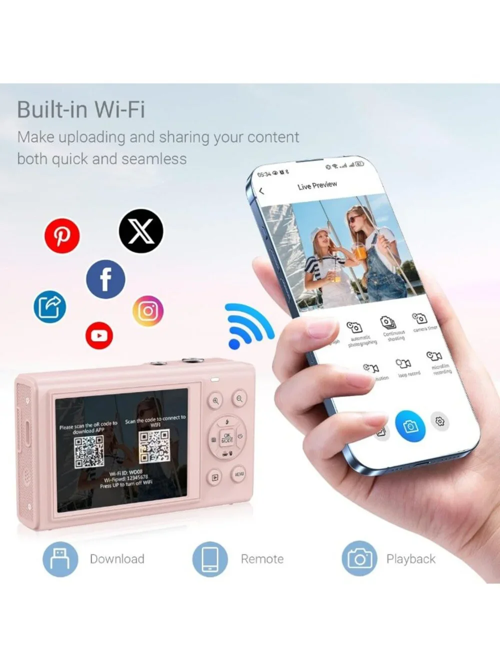 5K Dual Screen Vlogging Camera with Fill Light, 80MP, 16X Zoom, WiFi, 32GB Card